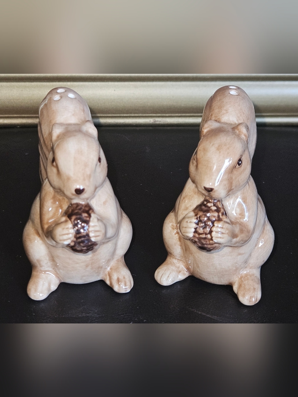 Ceramic Tan Squirrels Holding Acorns Salt and Pepper Shakers